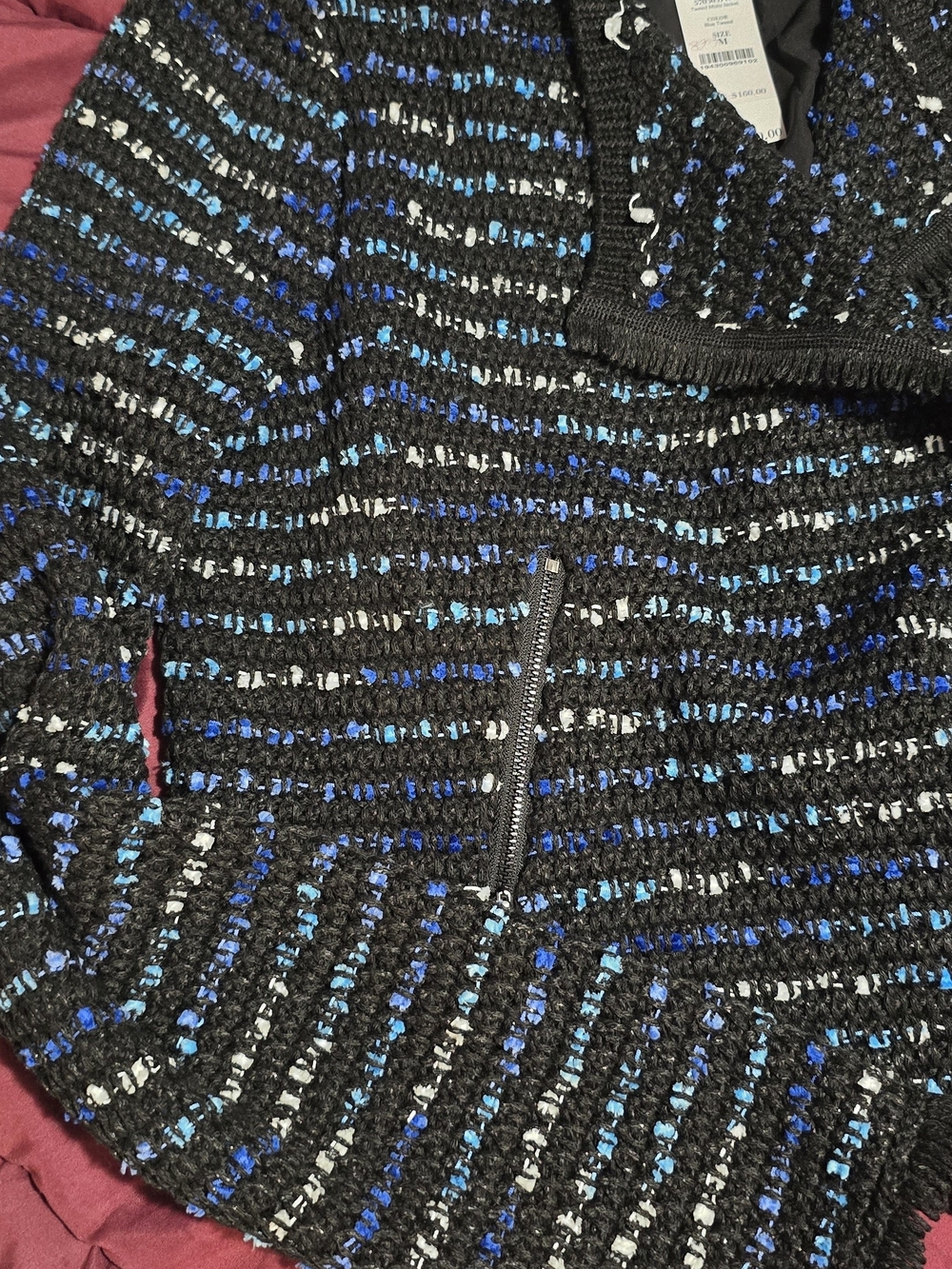 Textured Black Knit Zip Jacket with Blue & Gray Accents